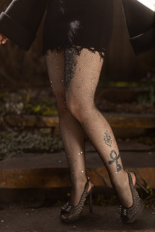 Rhinestone Fishnet Tights - Black
