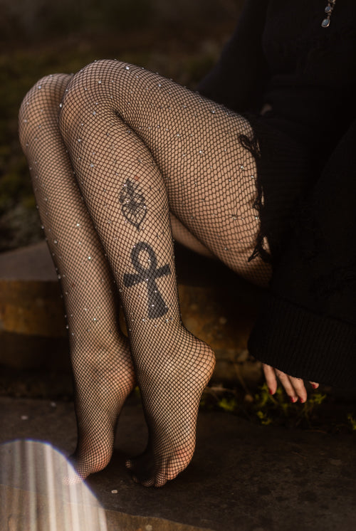 Rhinestone Fishnet Tights - Black