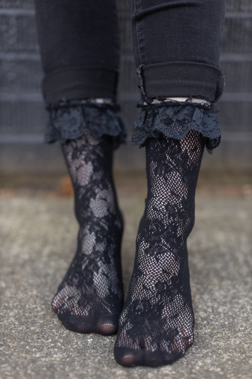 Floral Lace Anklets - Black