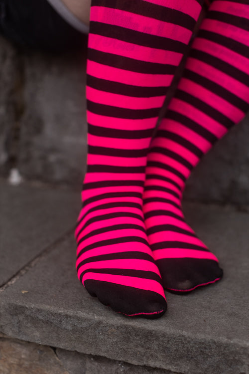 Striped Nylon Thigh High - Black and Neon Pink