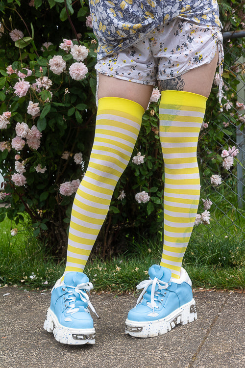 Striped Nylon Thigh High - White & Yellow