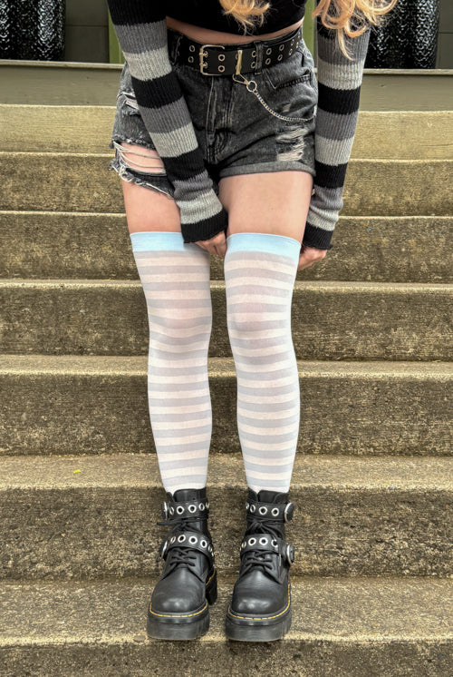 Striped Over the Knee - White & Light Blue