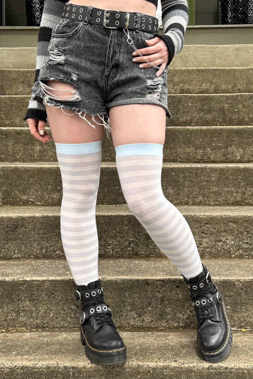 Striped Nylon Thigh High - White & Light Blue