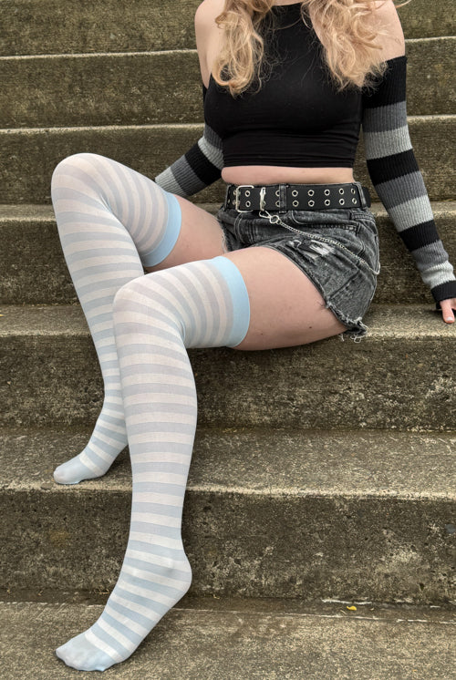 Striped Over the Knee - White & Light Blue