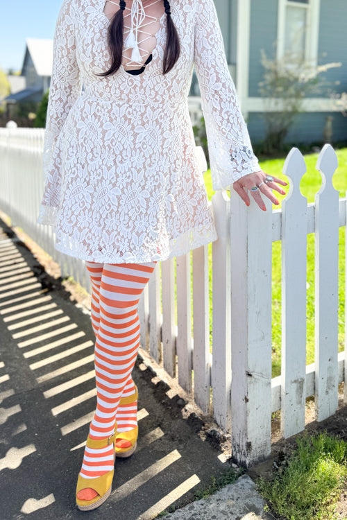 Striped Nylon Thigh High - White/Orange