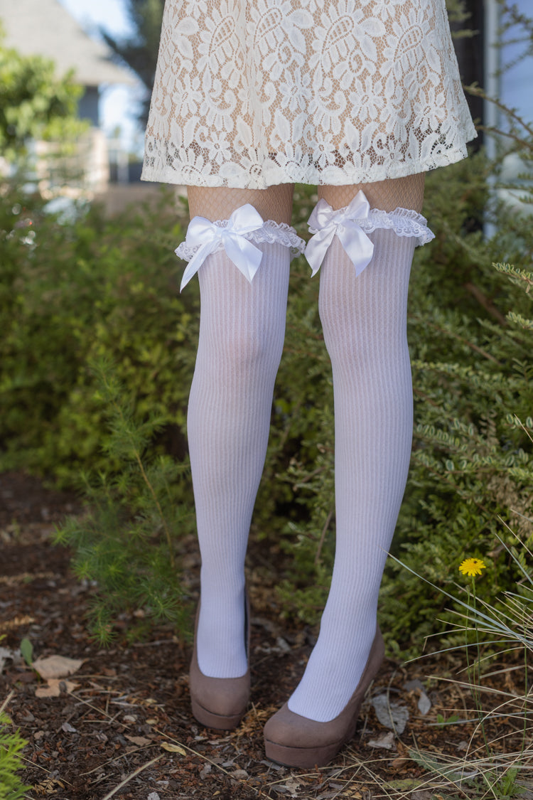 Lace Garter Sheer Striped Thigh Highs with Satin Bow - White