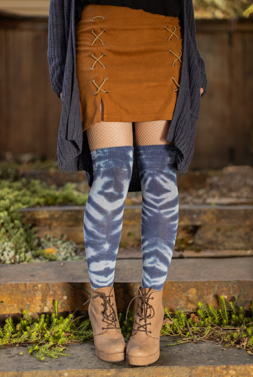 O Tie Dye Knee Socks - Blue Shibori