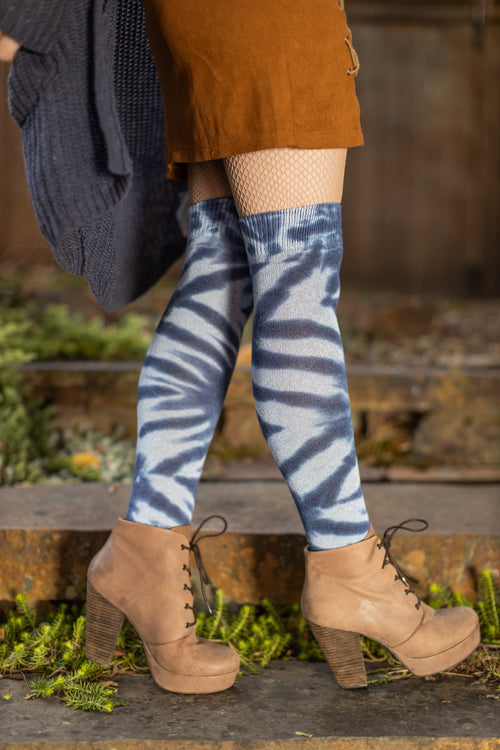 O Tie Dye Knee Socks - Blue Shibori