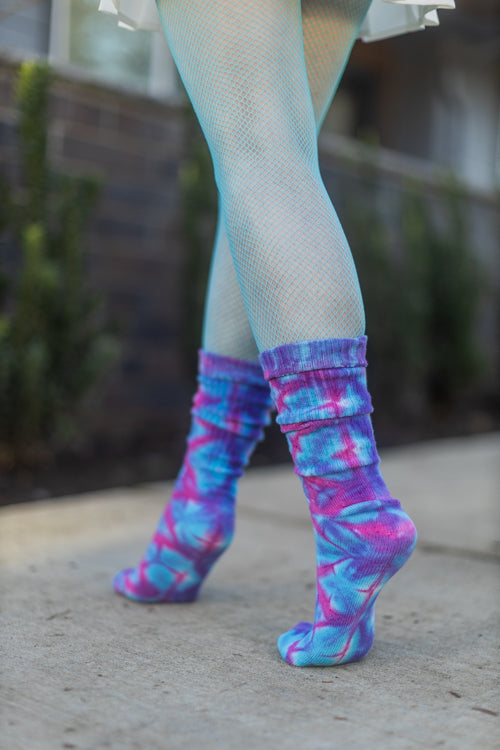 Tie Dye Bamboo Rayon Crew - Blue/Purple/Fuchsia