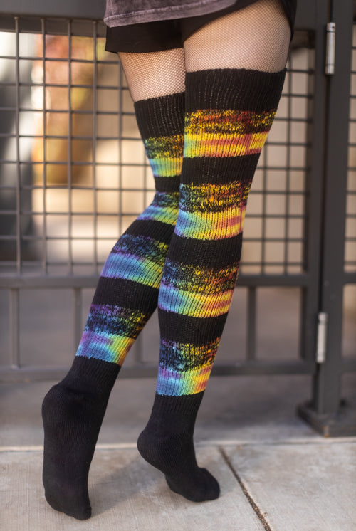 Tie Dyed Marled Striped Thigh High Socks