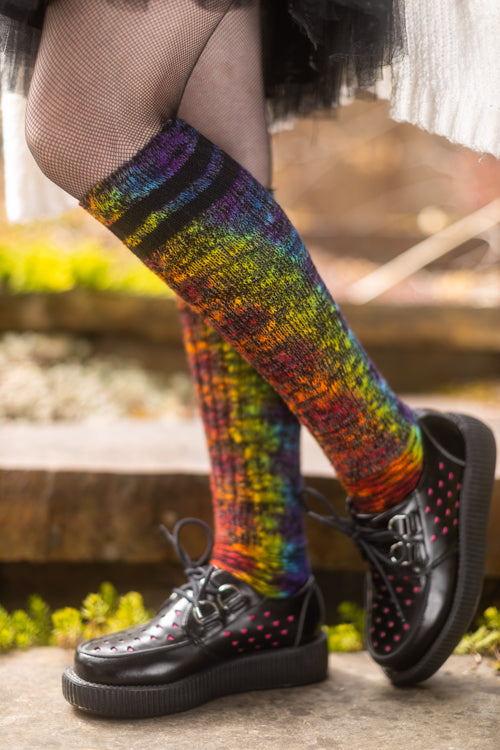 Tie Dyed Top-Striped Marled Slouch Knee Socks