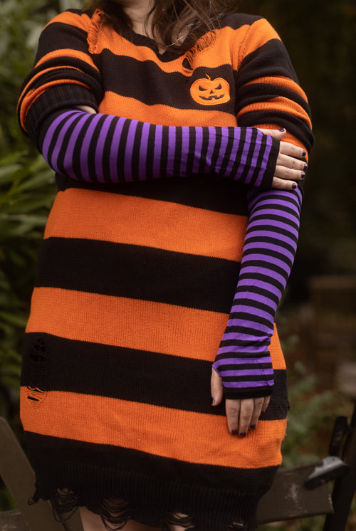 Striped Nylon Arm Warmers - Purple &  Black
