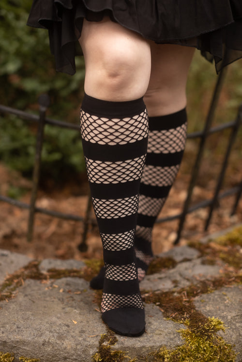 Mini Diamond Net and Opaque Striped Knee High - Black