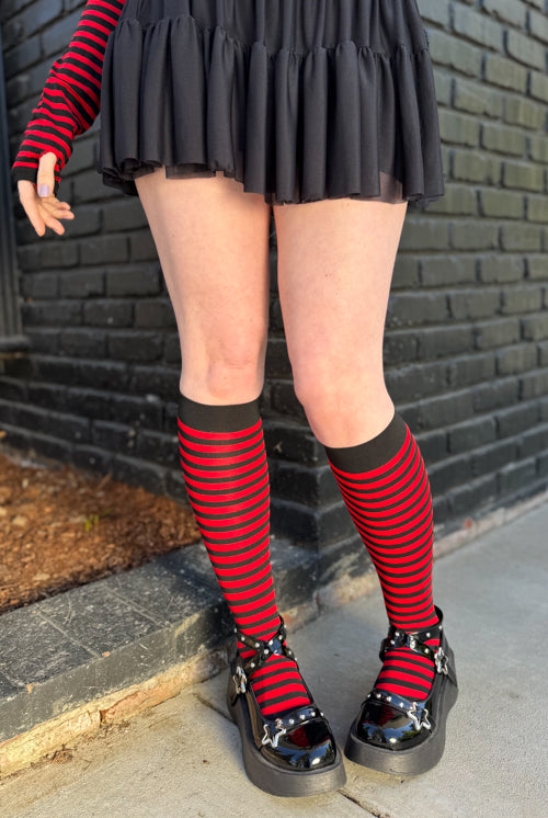 Striped Nylon Knee Highs - Black & Red