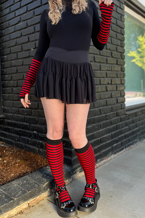 Striped Nylon Knee Highs - Black & Red