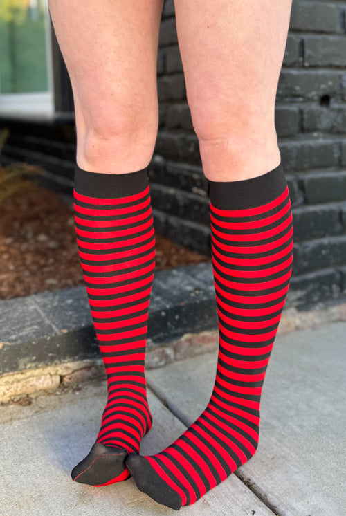 Striped Nylon Knee Highs - Black & Red