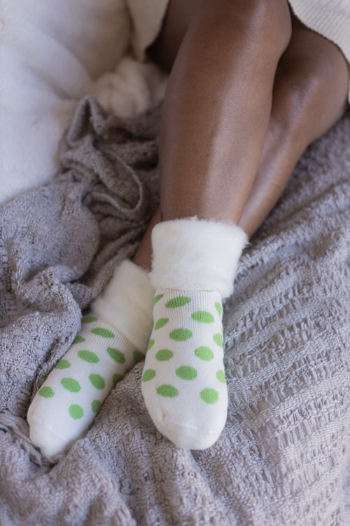 New Zealand Bed Socks with Polka Dots - Winter White with Apple