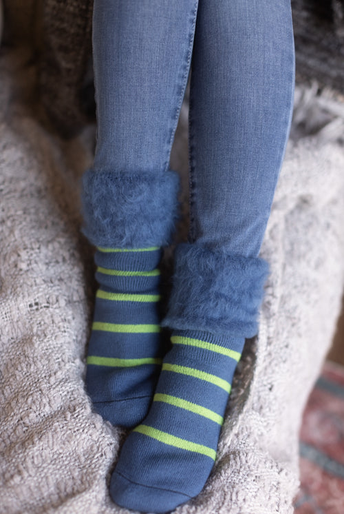 New Zealand Bed Socks with Stripes - Denim & Apple Green