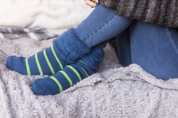 New Zealand Bed Socks with Stripes - Denim & Apple Green