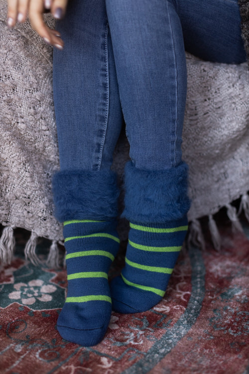 New Zealand Bed Socks with Stripes - Denim & Apple Green