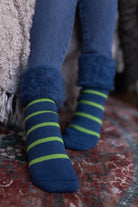 New Zealand Bed Socks with Stripes - Denim & Apple Green