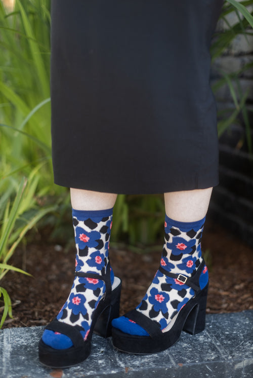Bold Blue Floral Sheer Crew