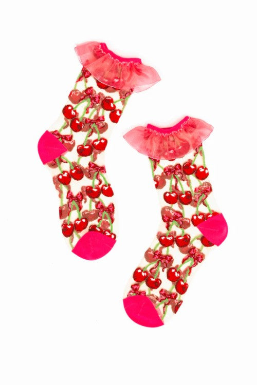 Cherry Bow Ruffle Sheer Crew