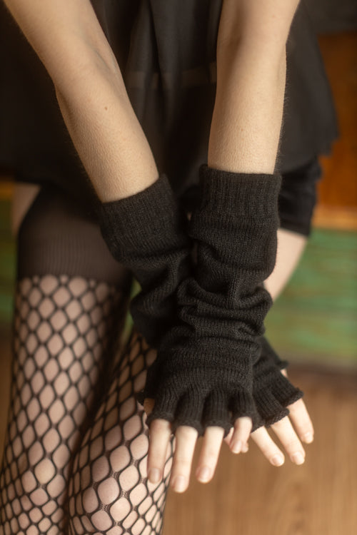 Longer Knit Fingerless Gloves - Black