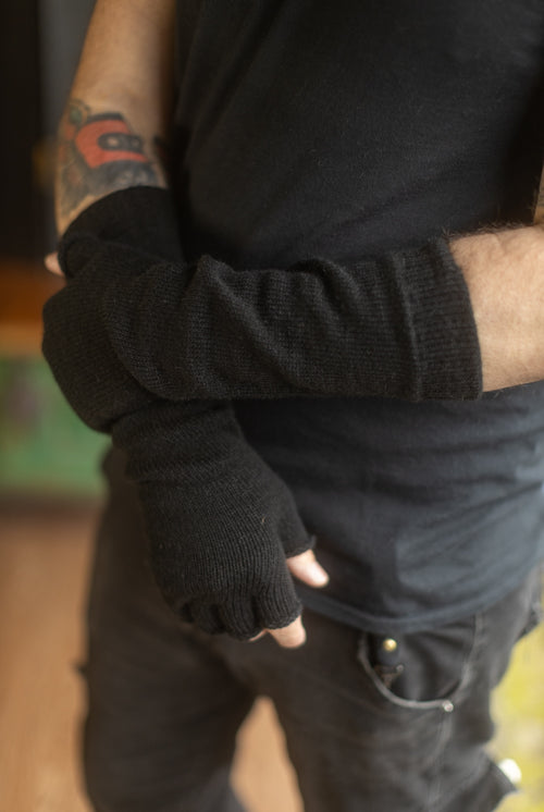 Longer Knit Fingerless Gloves - Black