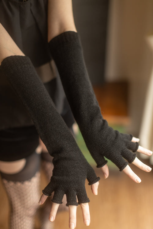 Longer Knit Fingerless Gloves - Black