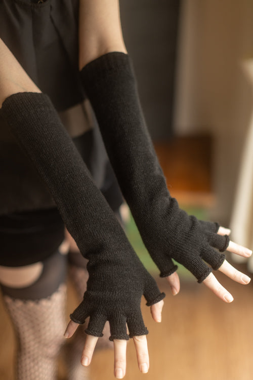 Longer Knit Fingerless Gloves - Black