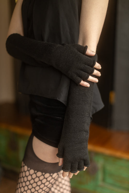 Longer Knit Fingerless Gloves - Black
