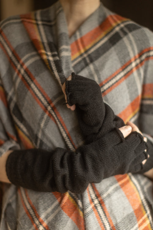 Longer Knit Fingerless Gloves - Black