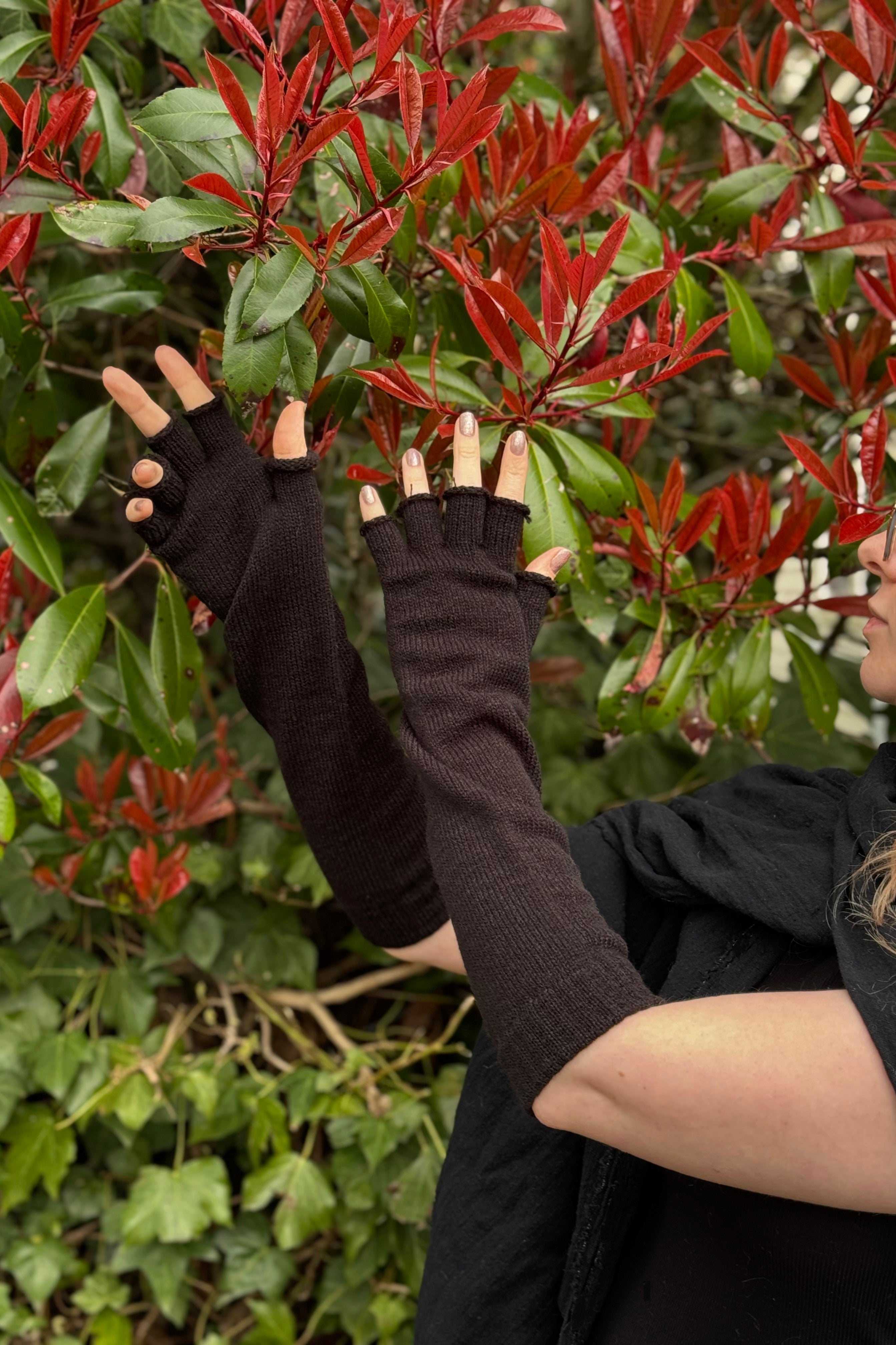 Longer Knit Fingerless Gloves - Black