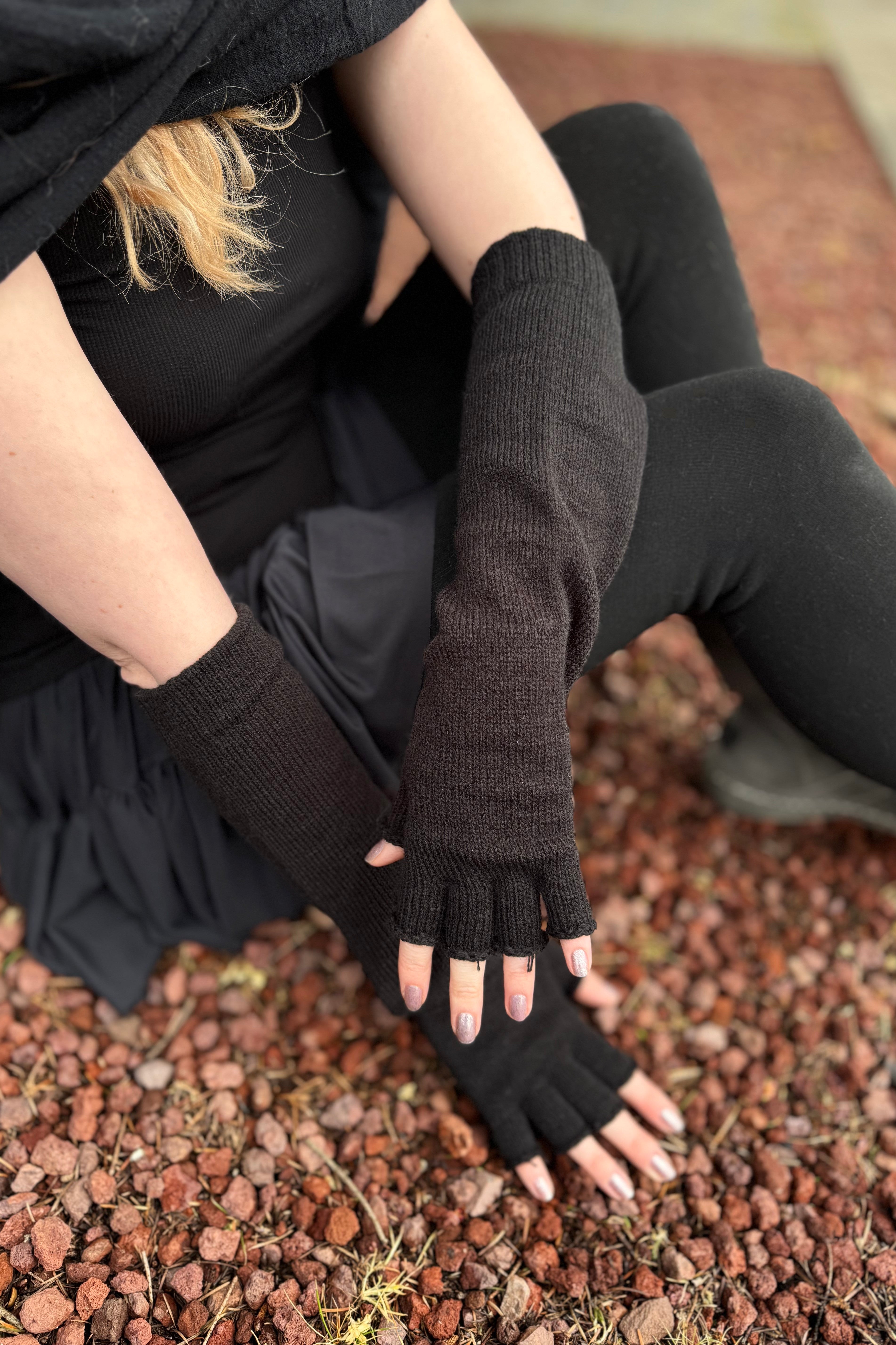 Longer Knit Fingerless Gloves - Black