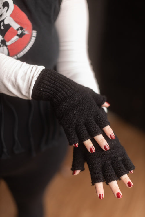 Wool Fingerless Gloves - Black