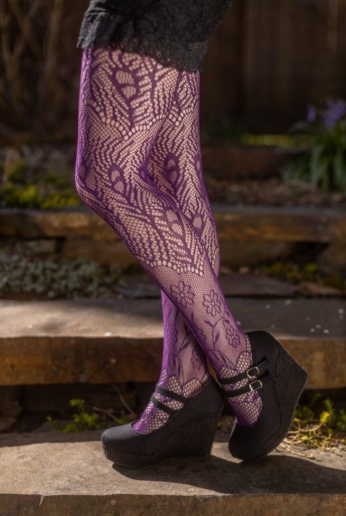 Peacock Feathers Net Tights - purple