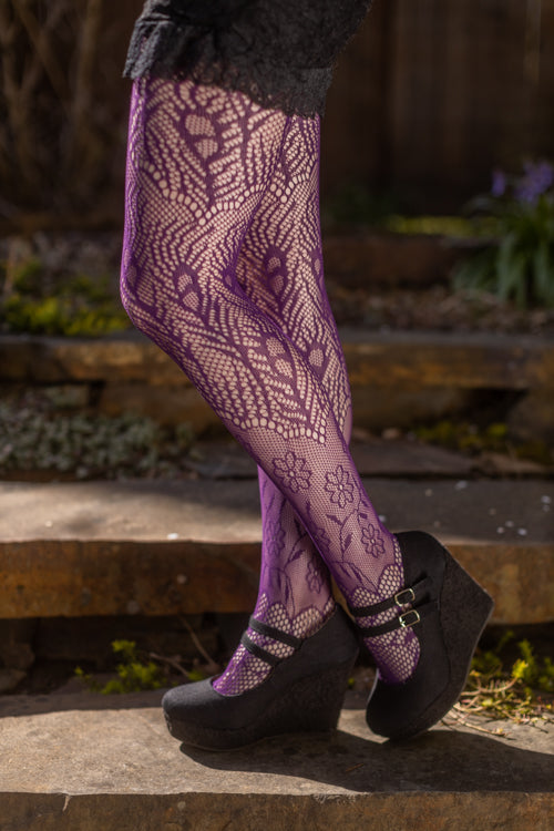 Peacock Feathers Net Tights - purple