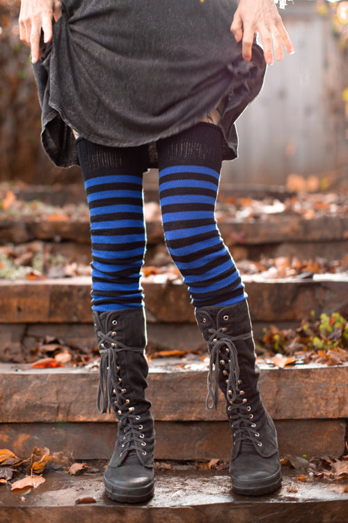 Super Stripes Thigh High Socks - Black/royal