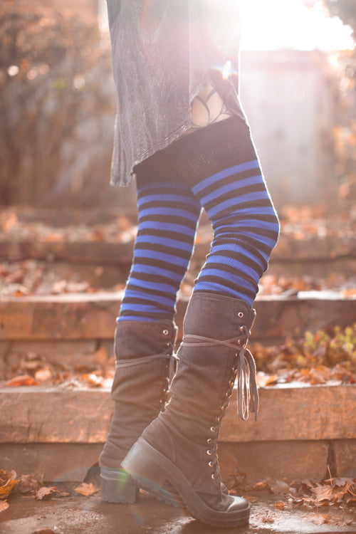 Super Stripes Thigh High Socks - Black/royal
