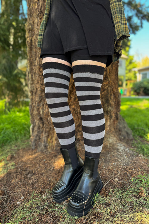 Striped Over the Knee Toe Socks - Black & Grey