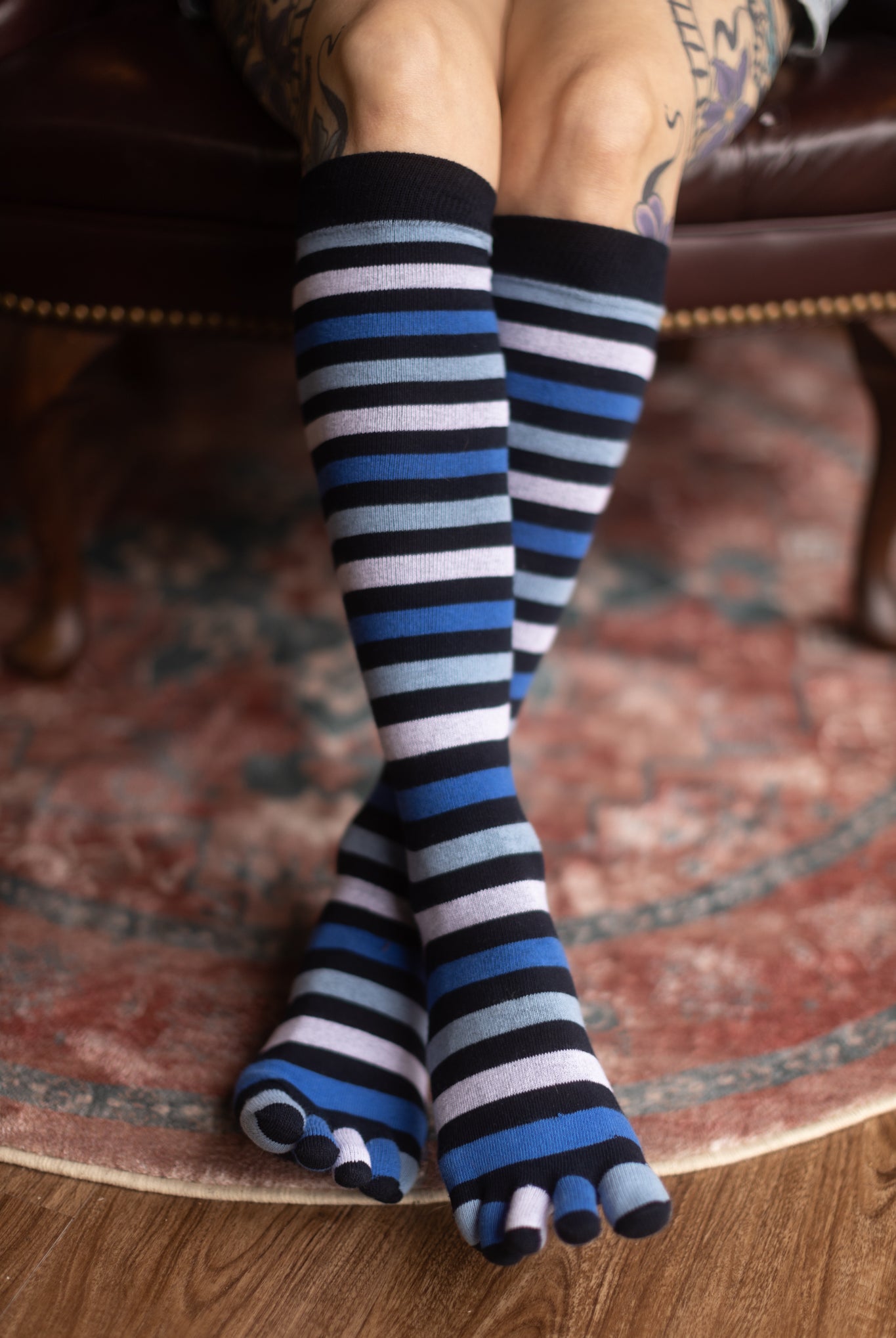 Striped Knee High Toe Socks - Denim Stripes