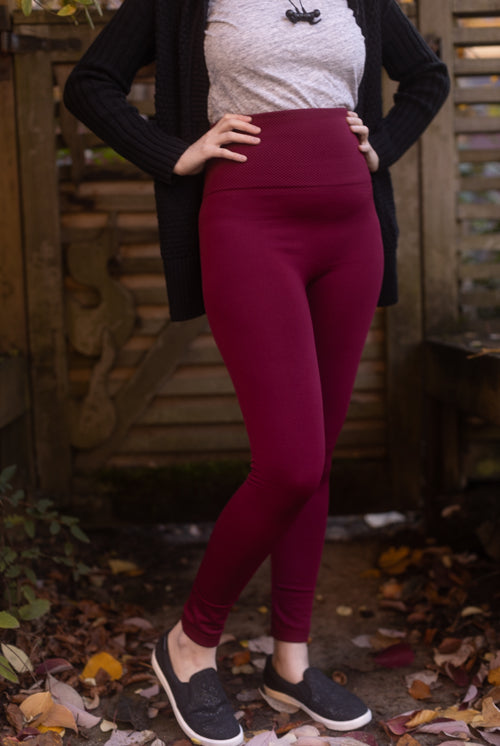 High Waisted Fleece Lined Leggings - Wine