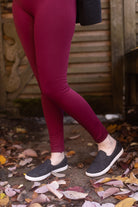 High Waisted Fleece Lined Leggings - Wine