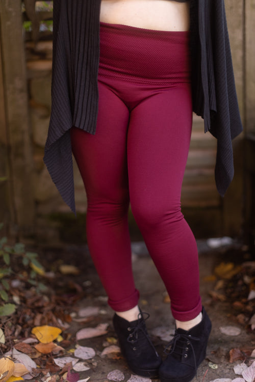 Plus Size High Waisted Fleece Lined Leggings - Wine