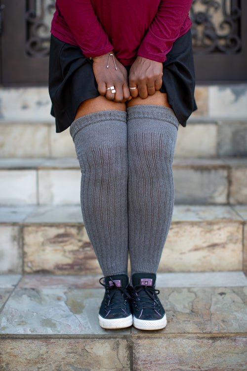 M45 Ribbed Thigh High with Roll Top - Charcoal