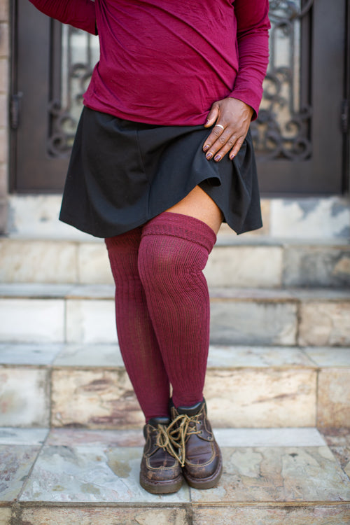 M45 Ribbed Thigh High with Roll Top - Dark Red