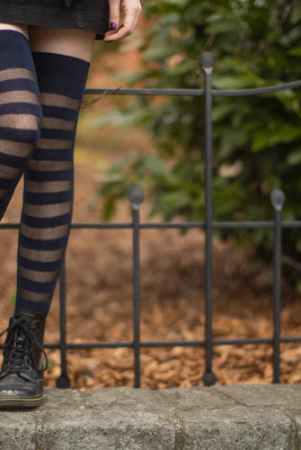 Extraordinary Gossamer Stripes Thigh High - Navy/Black
