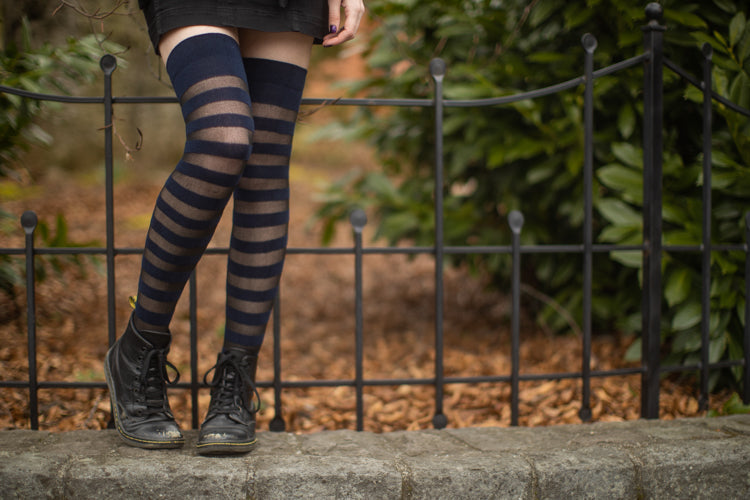 Extraordinary Gossamer Stripes Thigh High - Navy/Black