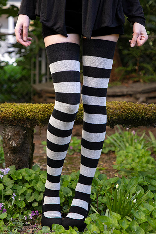 XL Foot Longer Striped Extraordinary Thigh High - Black and Sweet Cream